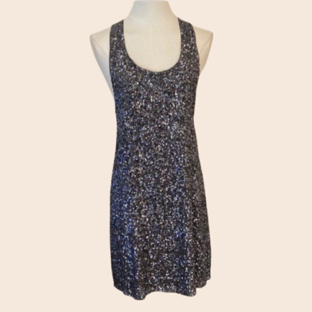 Alice + Olivia Silk Gray Blue Sequin A-line Shift Tank Mini Dress Size Small